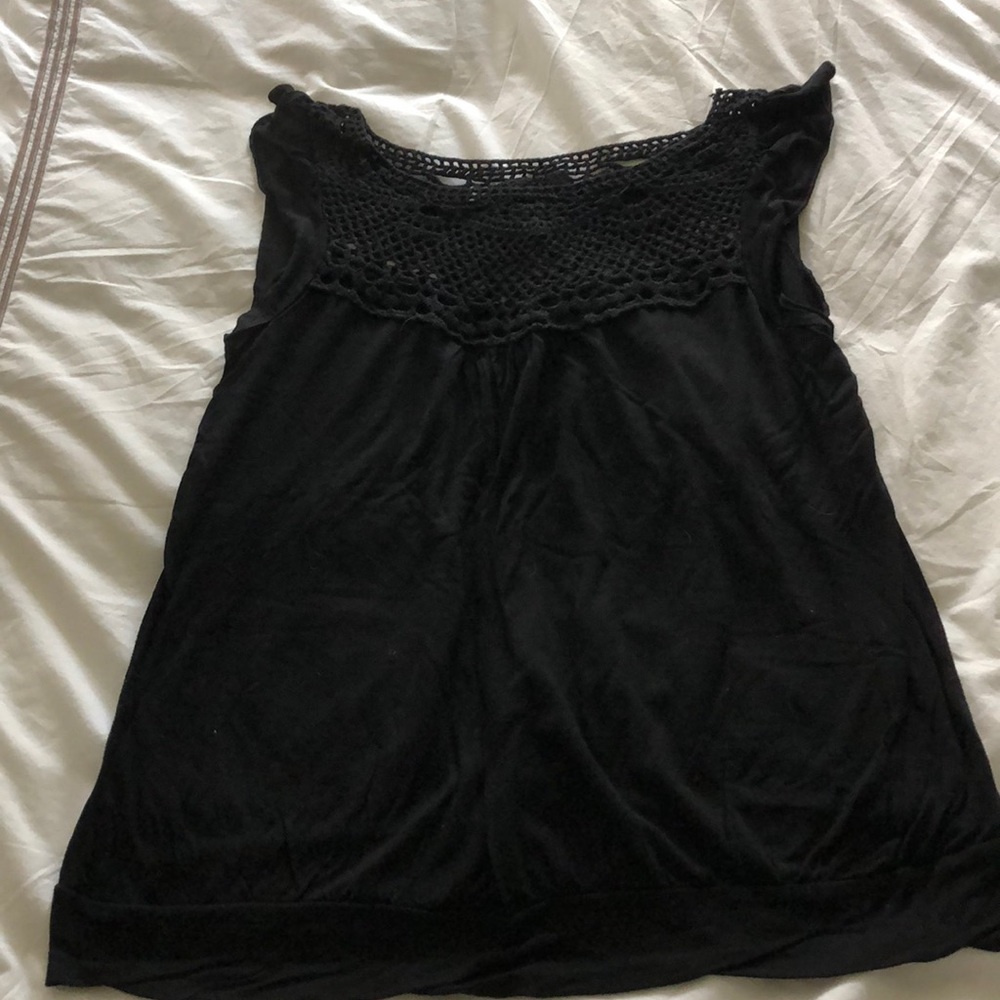 Black cap sleeve top with crochet neckline